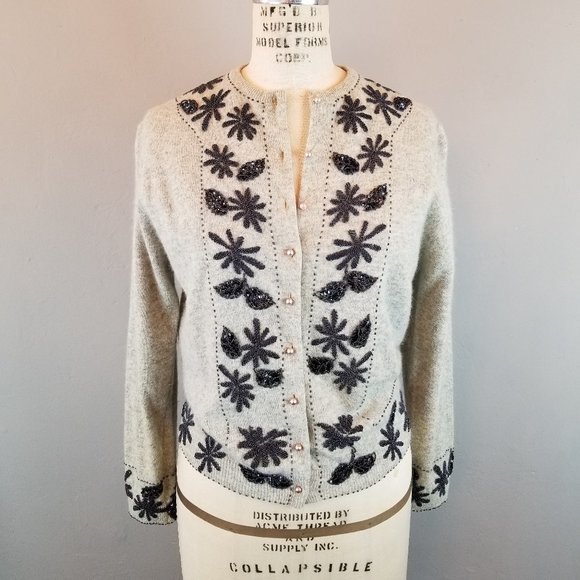 Vintage 1950's Grey & Navy Hand Beaded Angora Cardigan SweaterWomen's Small